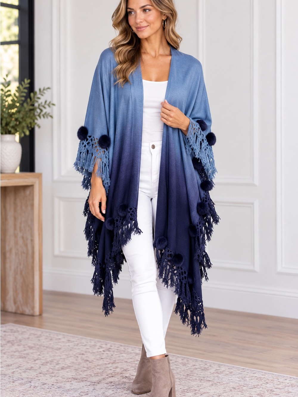 Hot in Hollywood Cape OS Blue Open Front Ruana Cape Rabbit Fur Pom Pom Fringe